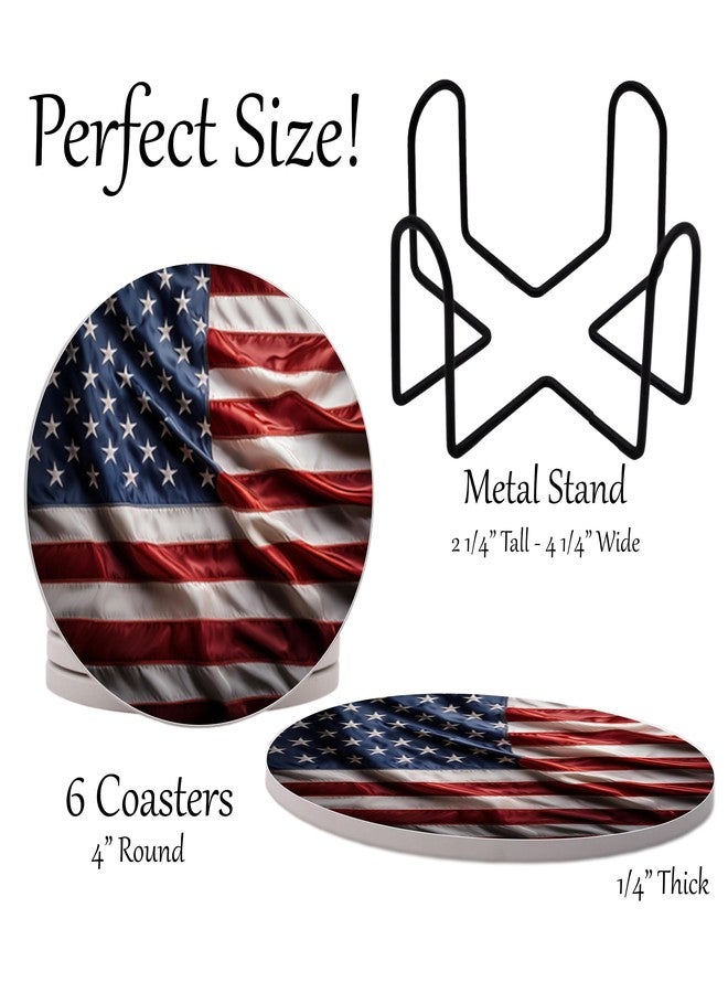 DAJDC Wavy USA American Flag United States Round Coasters Set of 6 - Abosrbent Ceramic with Metal Stand for Drinks, Coffee, Non-Slip Cork Back for Tabletop Protection, 4 Inches - Image 2